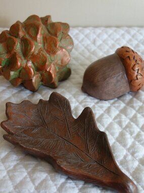 Lot of 3 ISABEL BLOOM Concrete Art Fall Autumn Décor Pine Cone, Acorn, Leaf